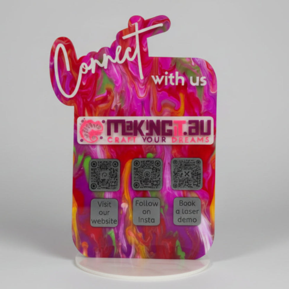Colourful business sign with 'Connect with us' text, business logo and QR Codes