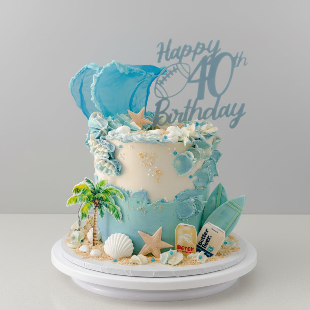 Blue birthday cake with ocean-themed decorations and 'Happy Birthday' topper