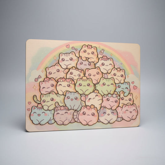 Timber Kawaii Cat puzzle with a pyramid of cute cat illustrations and a rainbow