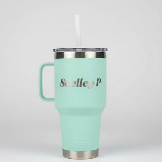 Light green Yeti mug with 'Shelley P' engraved on it,