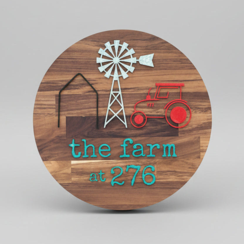 Wooden Sign with the Farm at 276 in acrylic.