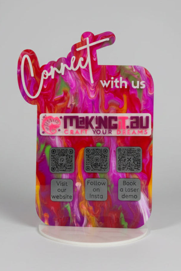 Colorful business sign with 'Connect with us' text, business logo and QR Codes