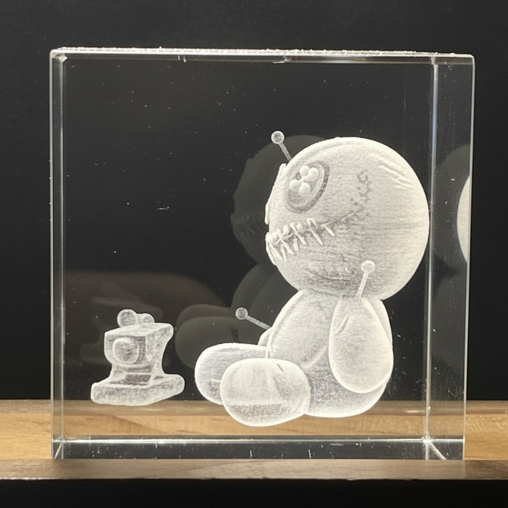 Internal Crystal Engraving of a voodoo doll with an anvil and a hammer