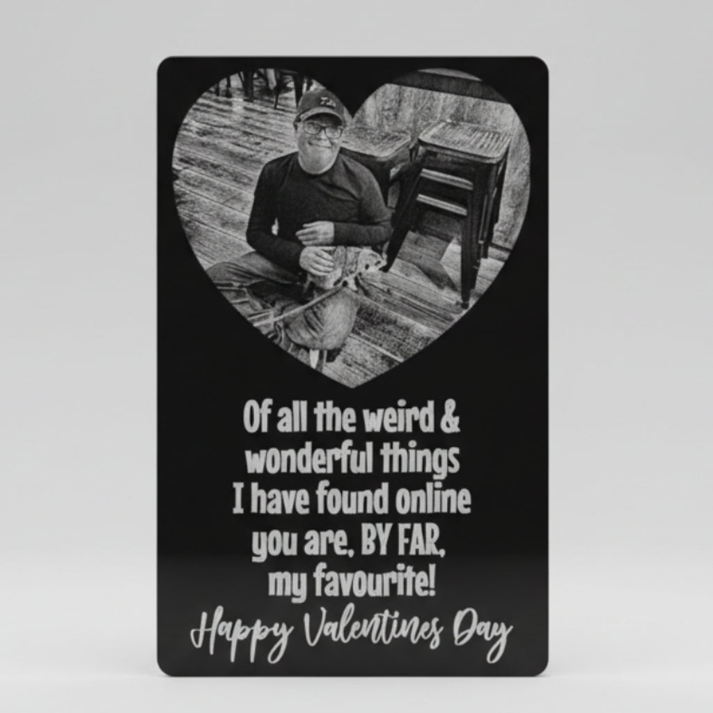 Rectangular Aluminium Business card with a black and white photo of a person and Valentine's Day message.