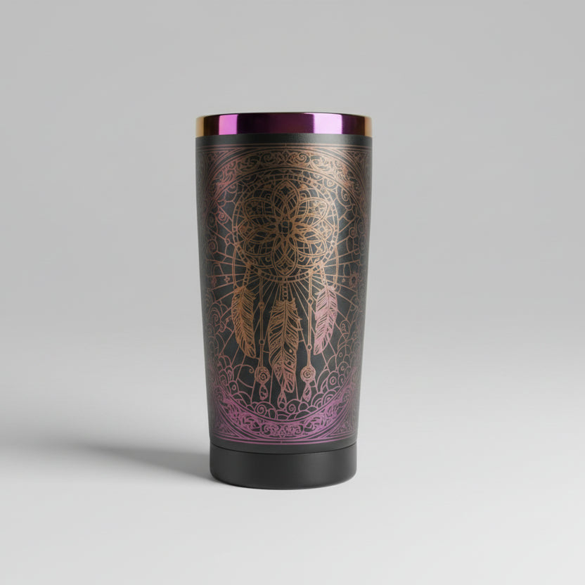 Iridescent Black Tumbler with engraved dreamcatcher design against a light background