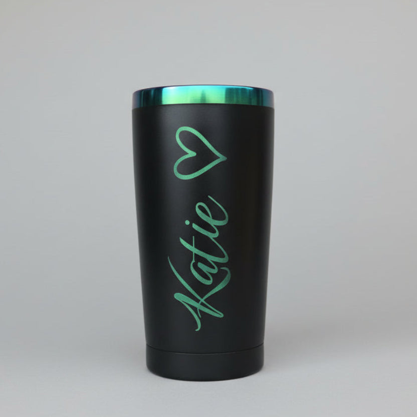 Black tumbler with 'Katie' and a heart 