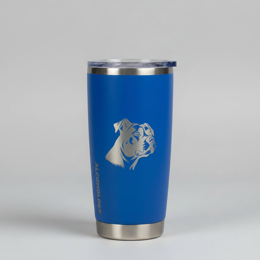 Blue insulated tumbler with a brand logo