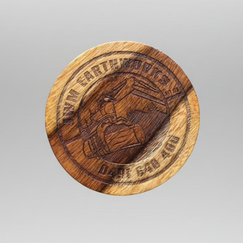 Wooden coaster with engraved business logo
