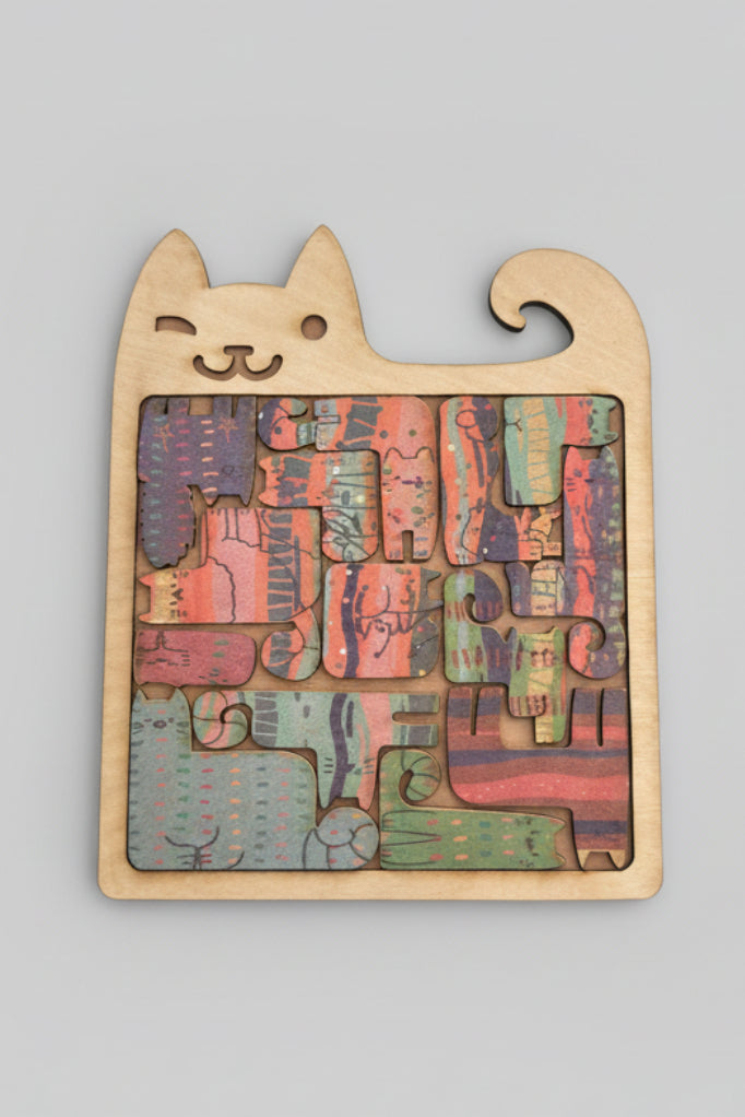 Wooden puzzle with cat design and colourful pieces