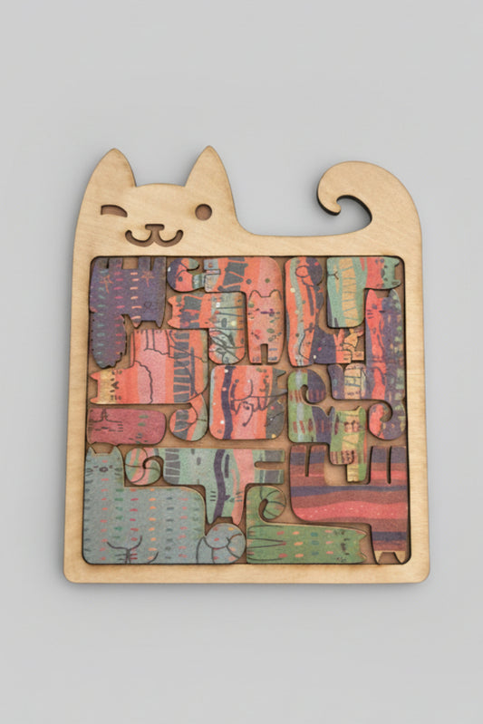 Wooden puzzle with cat design and colourful pieces
