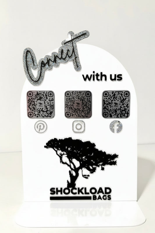 Acrylic Self Standing Sign with QR codes and 'Connect with us' text on a white background.
