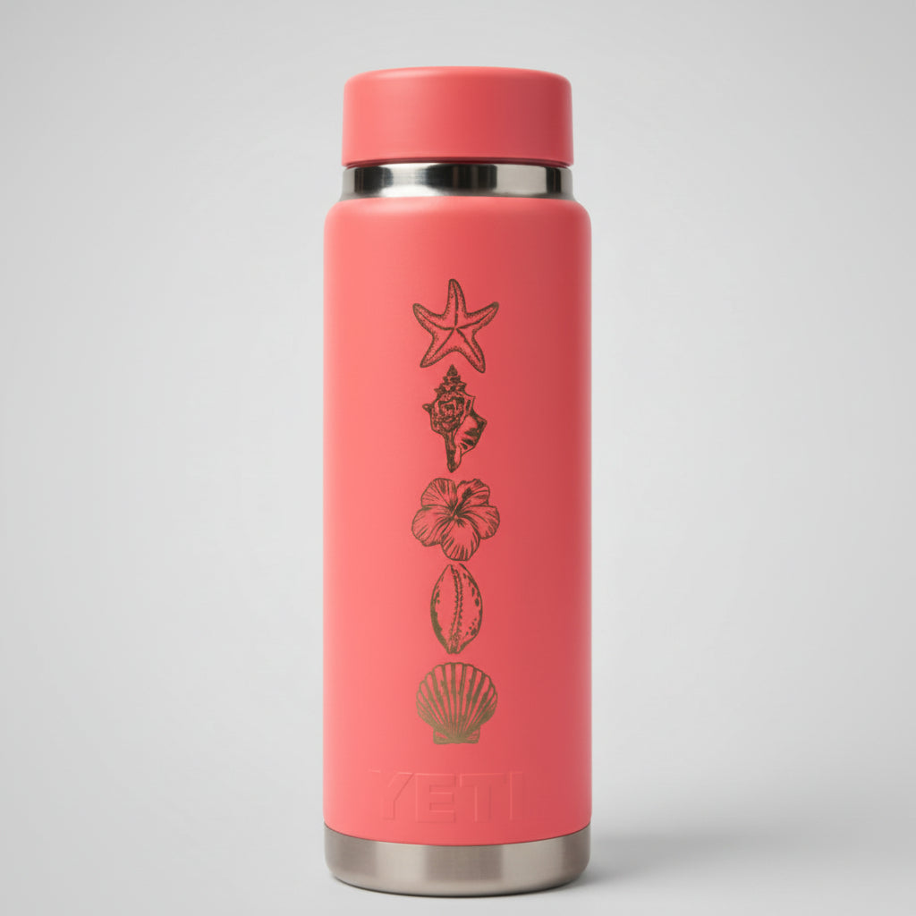 Coral water bottle with shell designs engraved on it.