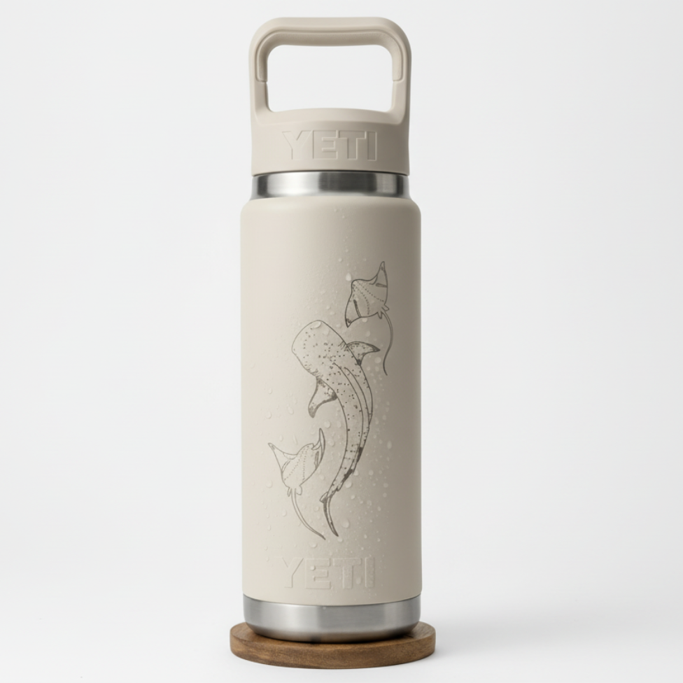 YETI bottle with shark design on a white background