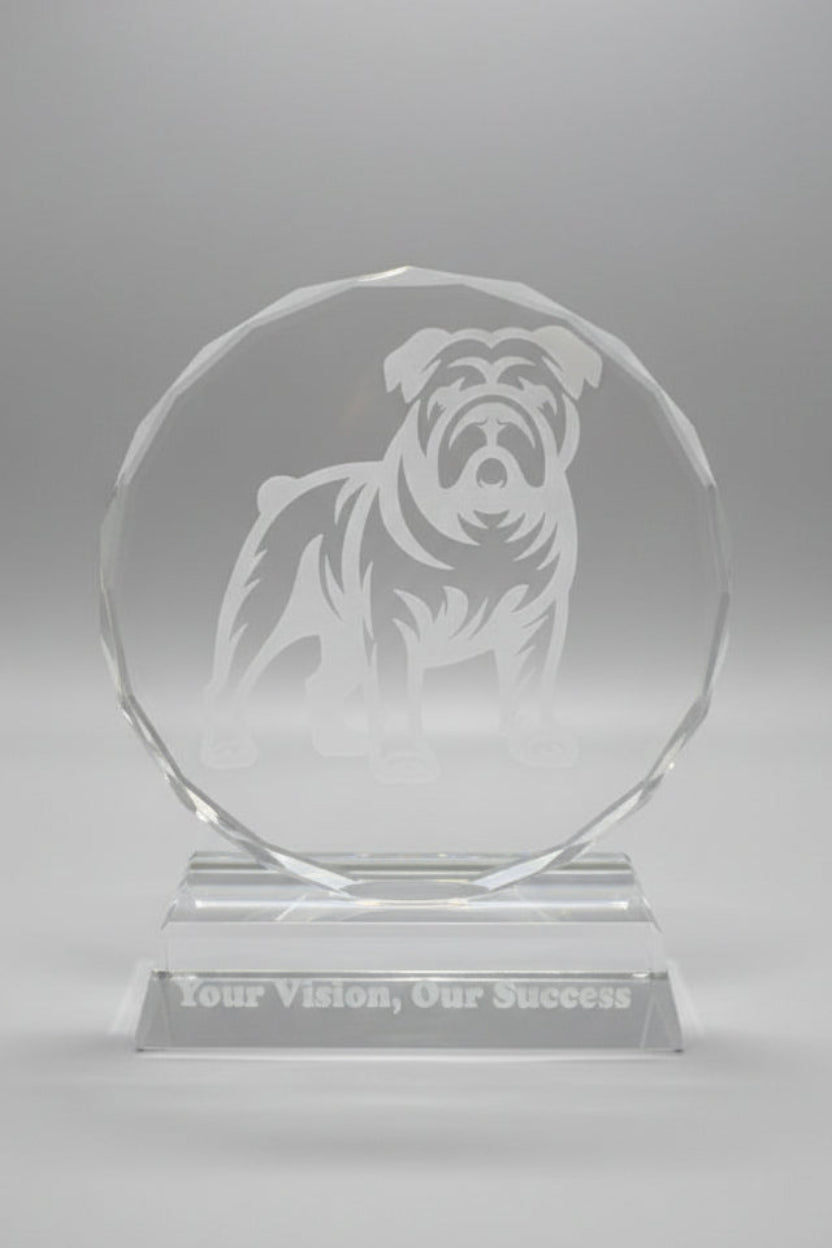 Crystal award with bulldog engraving 