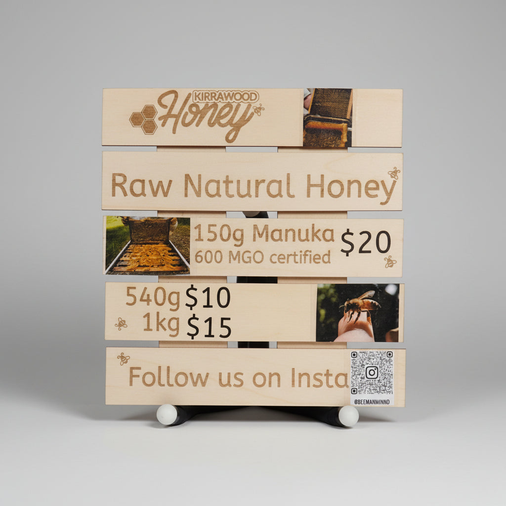 Wooden display with Kirrawood Honey branding and product information.