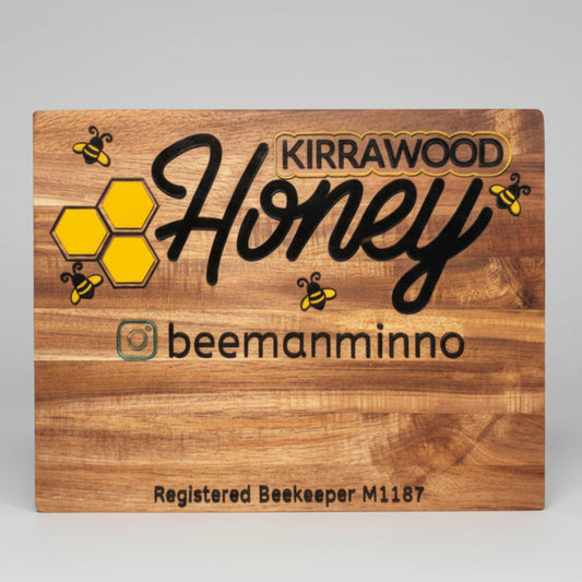 Wooden sign with 'Kirrawood Honey' branding in acrylic.