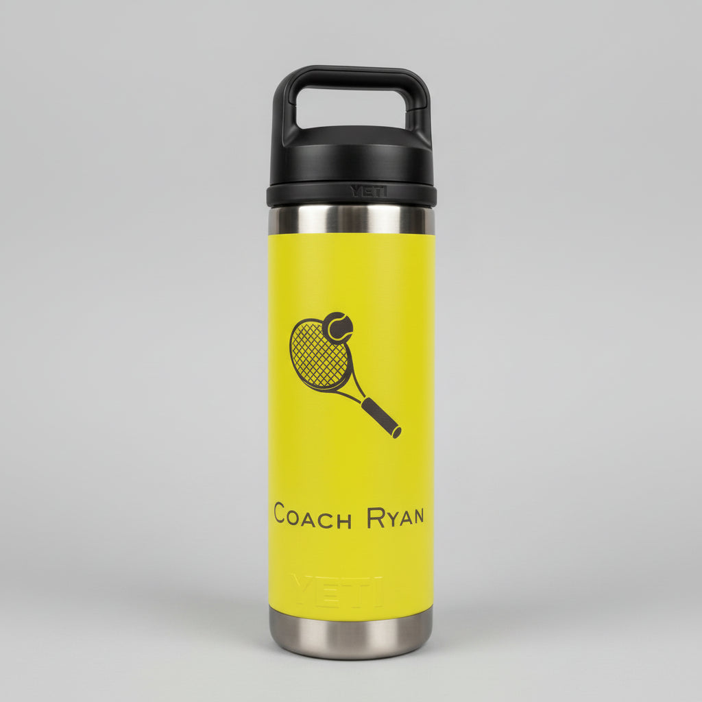 Yellow water bottle with a racket design and 'Coach Ryan' text 