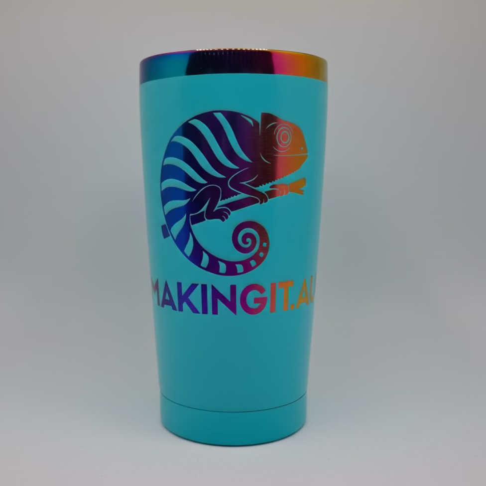 Teal Iridescent tumbler with a colorful chameleon design and 'MAKINGIT.AU' text on a white background