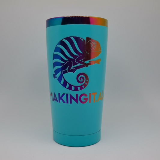 Teal Iridescent tumbler with a colorful chameleon design and 'MAKINGIT.AU' text on a white background