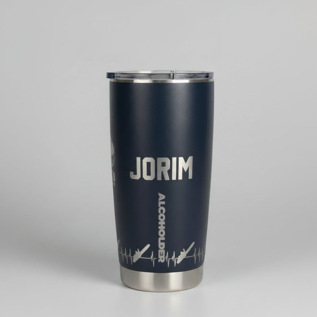 Black tumbler with name engraved.