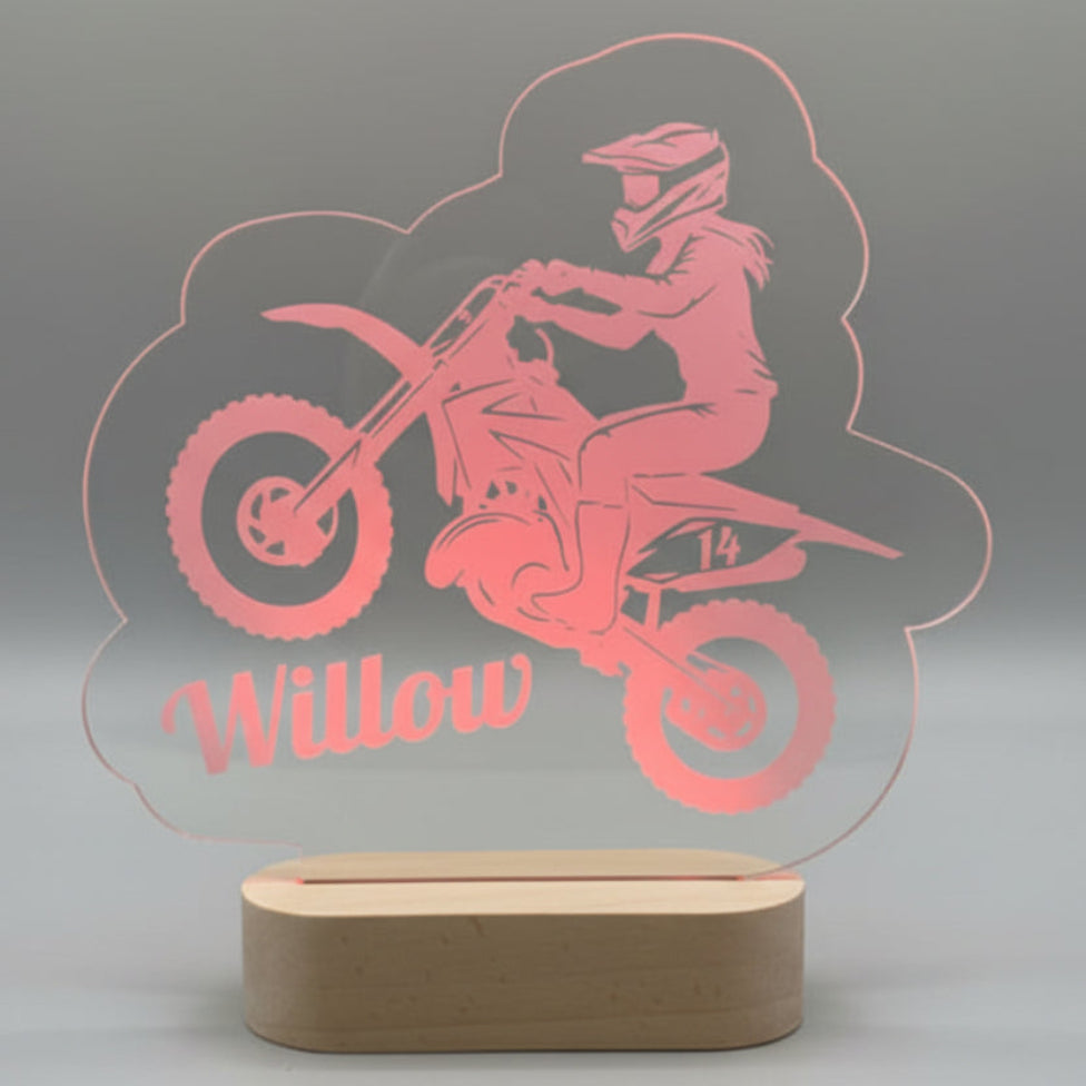 Red motorcycle-shaped sign with 'Willow' 
