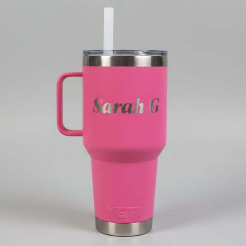 Pink YETI mug with 'Sarah G' engraving