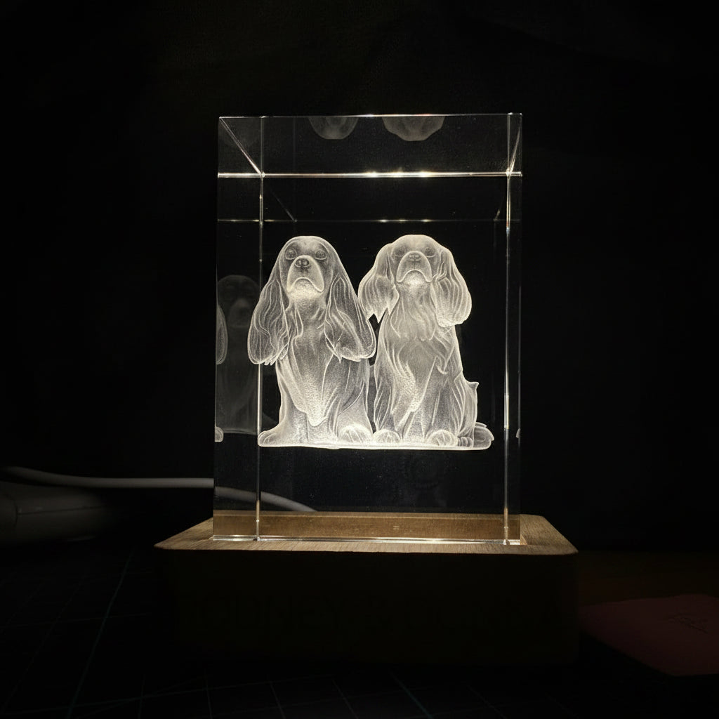 2 Cavalier Spaniels sitting engraved inside a crystal lit from beneath with LED lights.