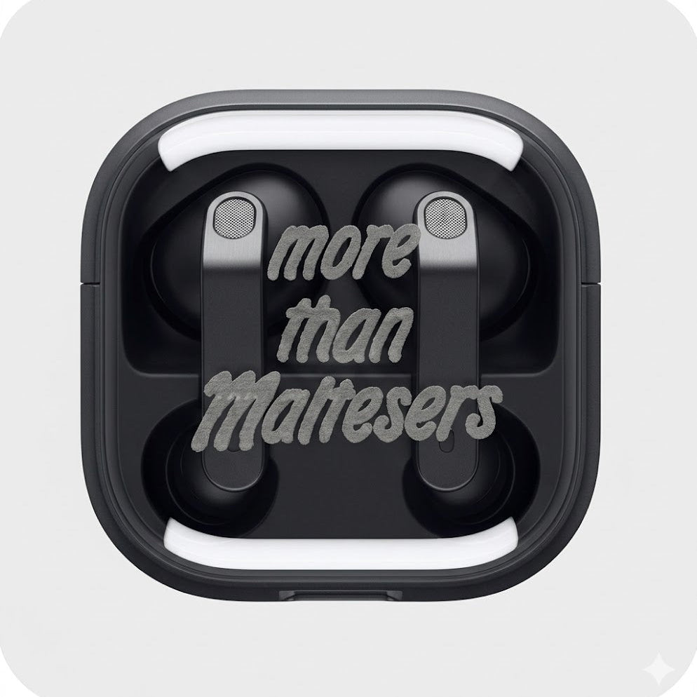 Samsung Galaxy Buds Pro Black earbuds in their charging case with 'more than Maltesers' text engraved on the front.