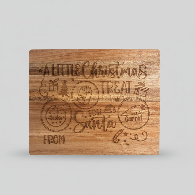 Wooden cutting board with engraved Christmas-themed text and graphics.