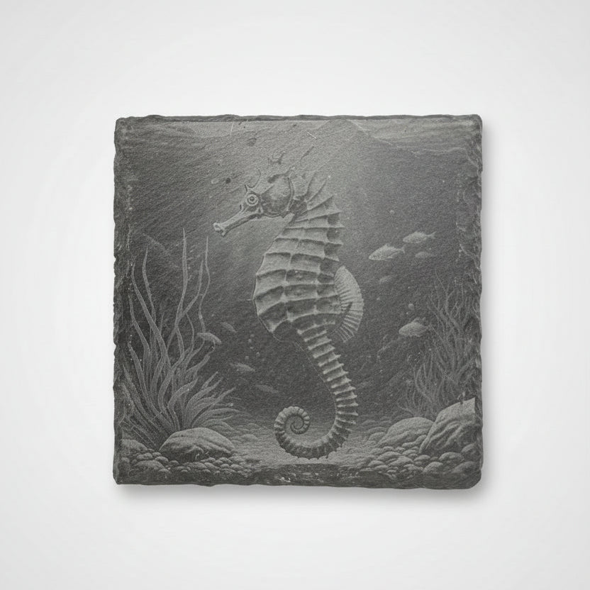 Slate Coaster with a seahorse design engraved on it.