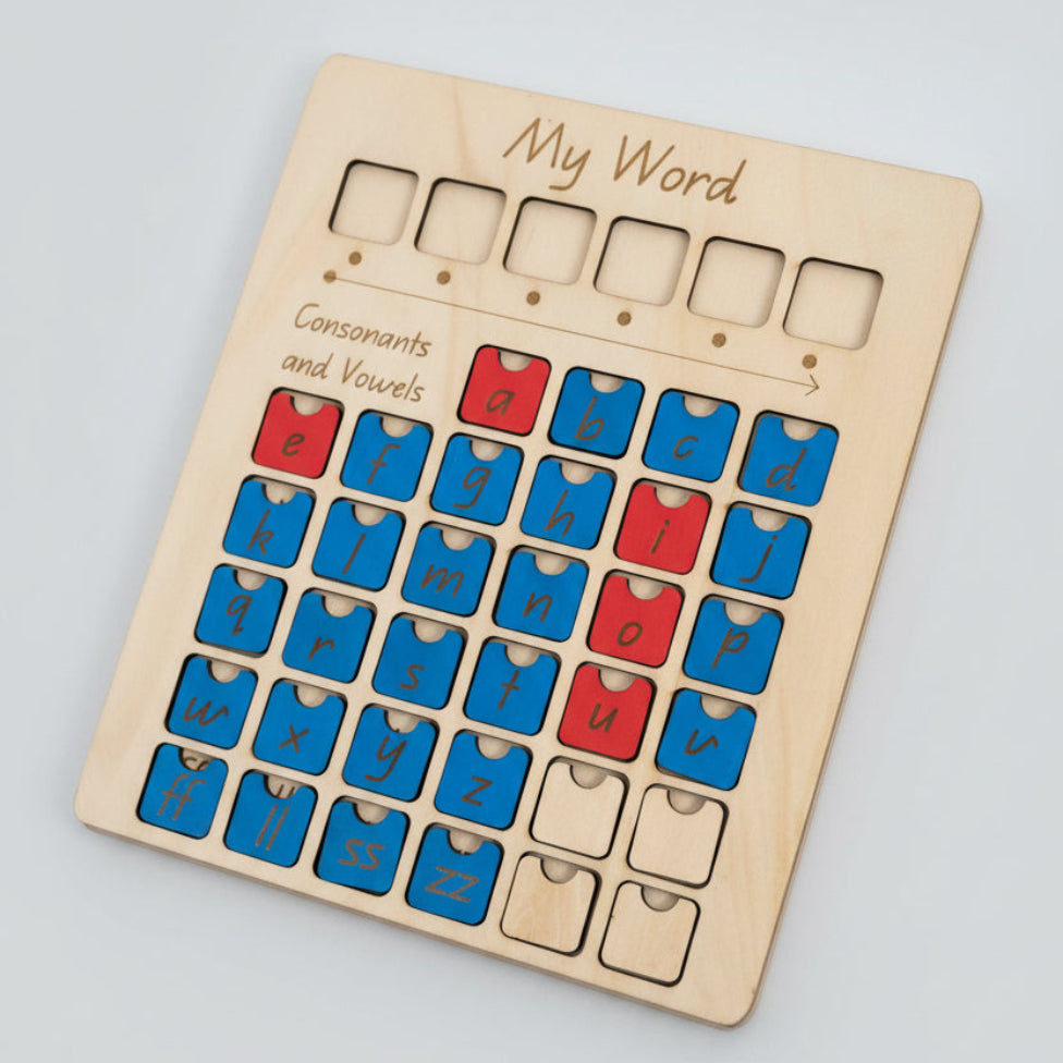 Wooden educational tool with letter tiles for learning against a white background.
