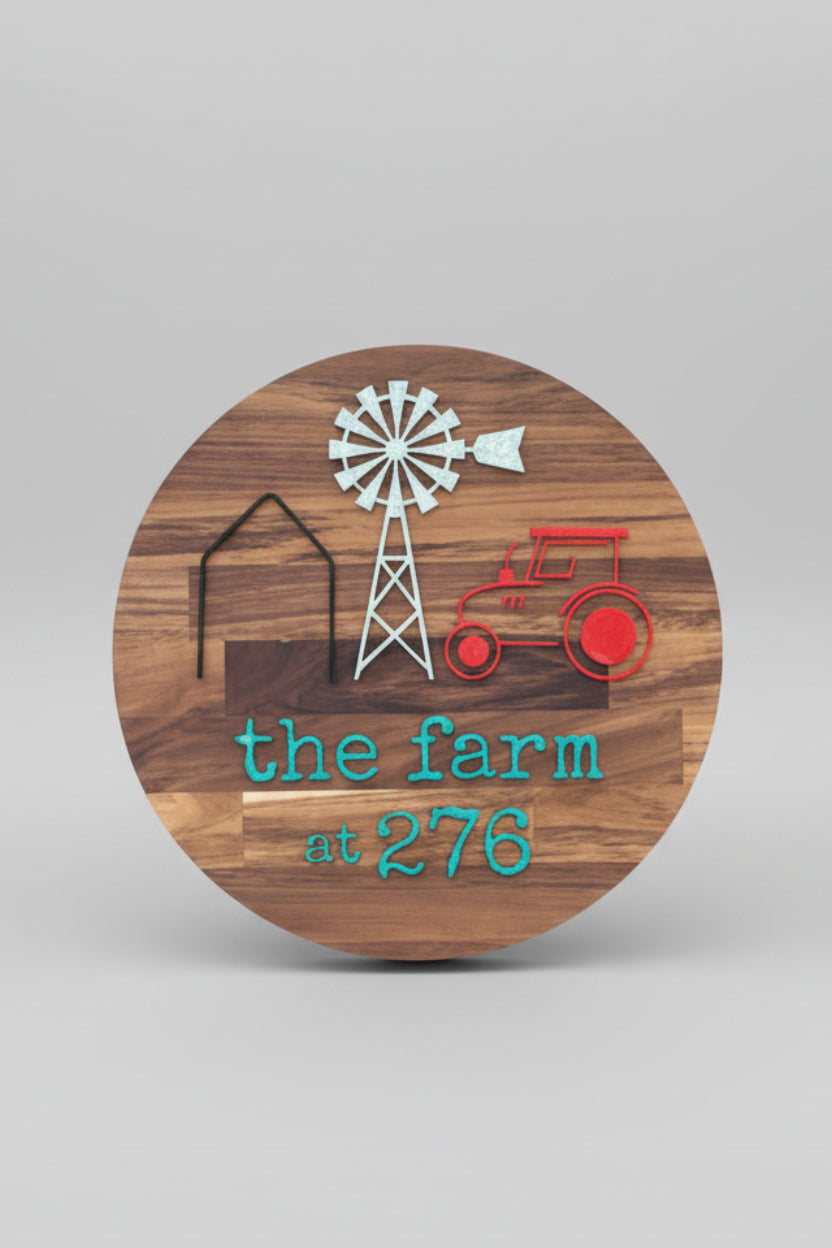 Wooden Sign with the Farm at 276 in acrylic.
