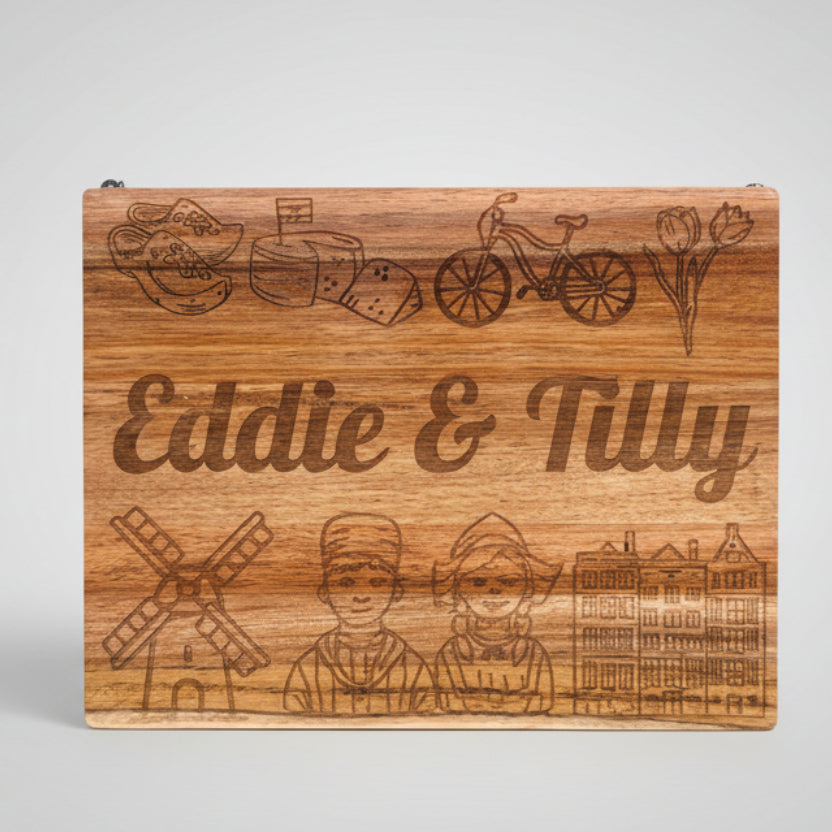 Wooden Sign with engraved designs and 'Eddie & Tilly' text on a gray background