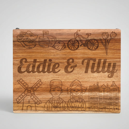 Wooden Sign with engraved designs and 'Eddie & Tilly' text on a gray background