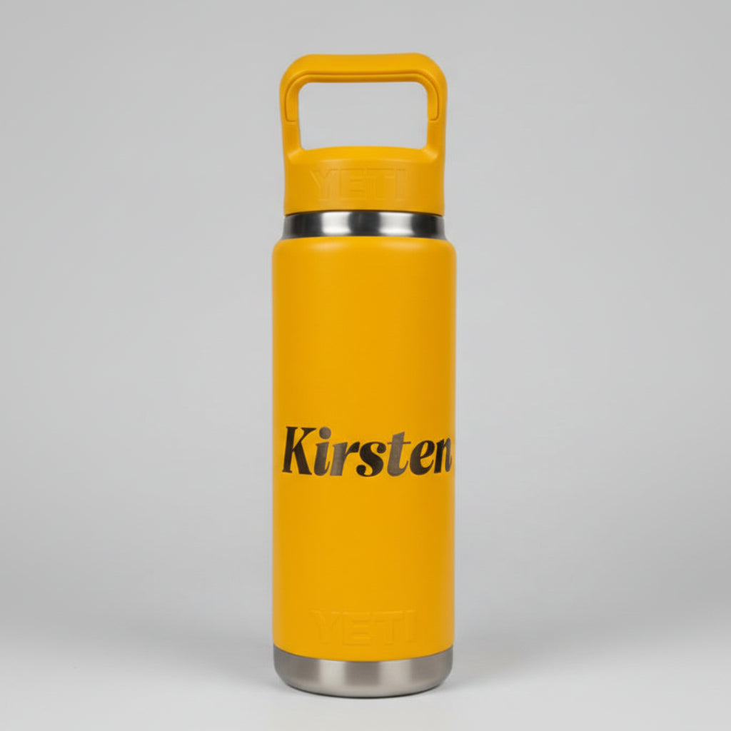 Yellow Yeti with 'Kirsten' branding on a studio background.