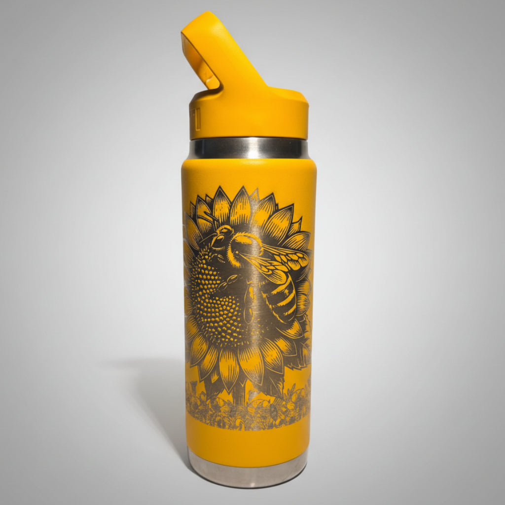 Yellow insulated bottle with bee and sunflower design