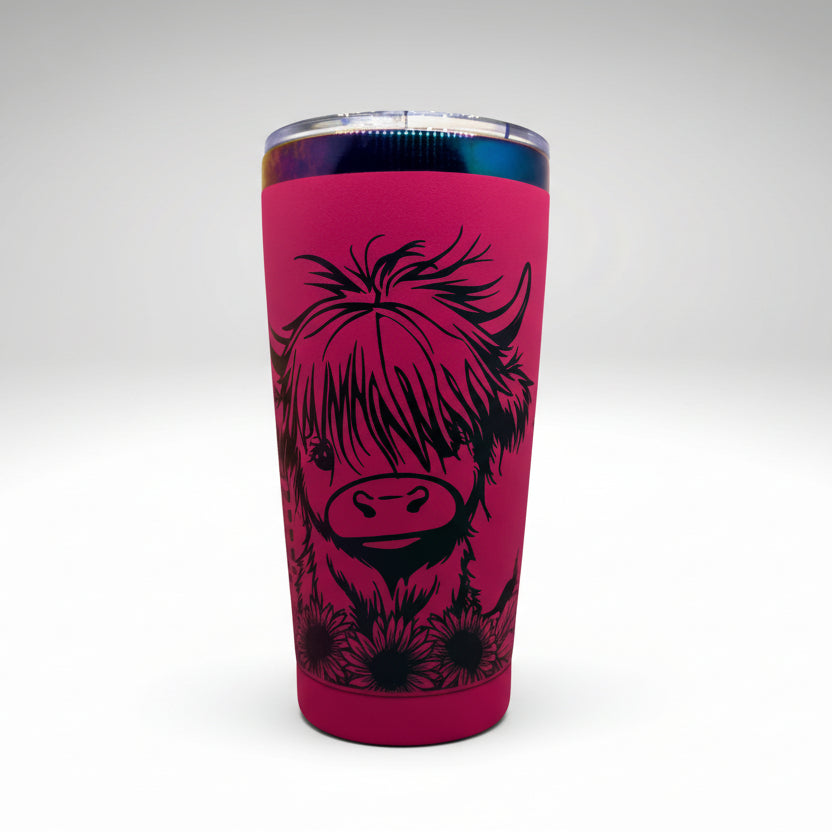 Bright Pink tumbler with highland cow design on a white background