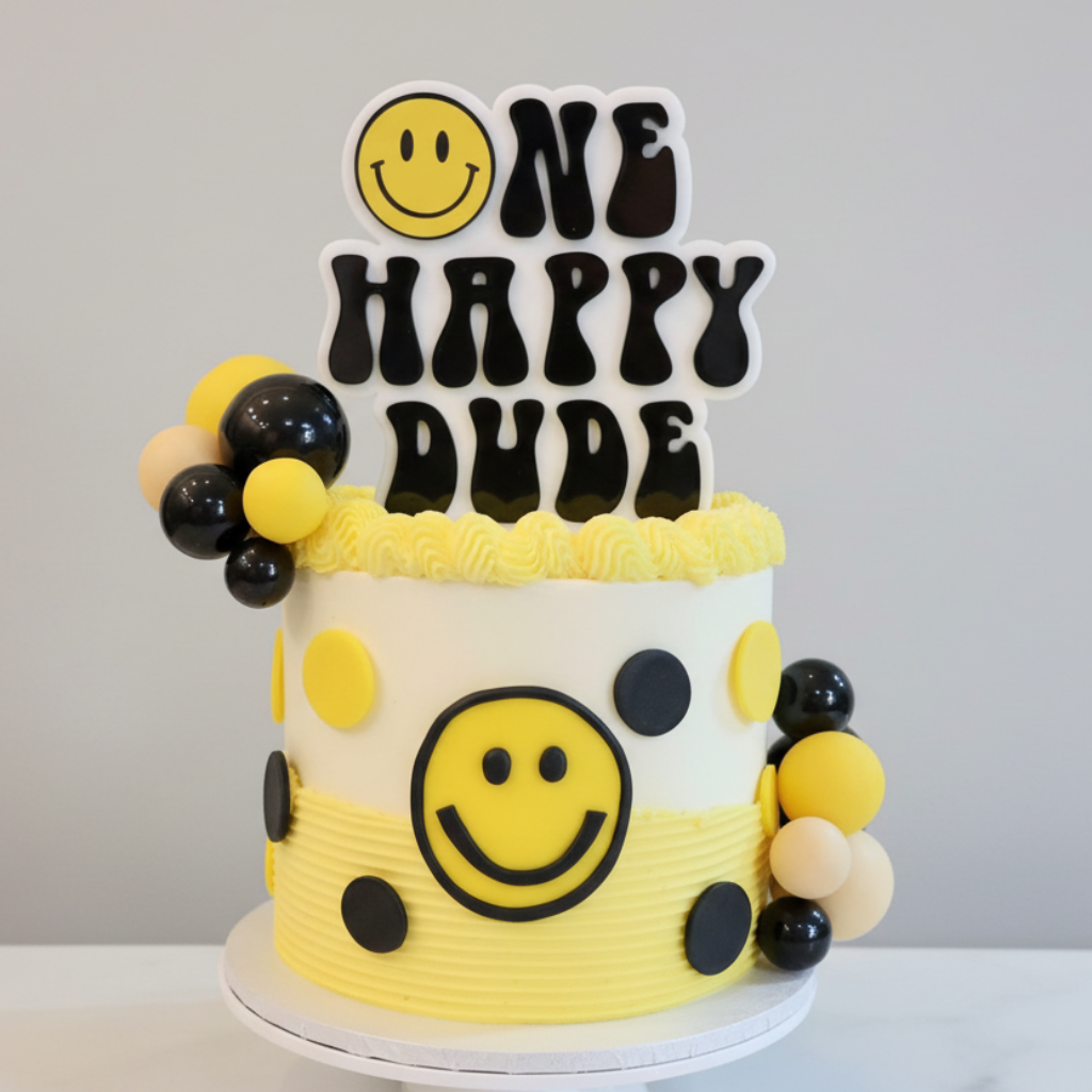 Cake with smiley face design and 'One Happy Dude' text on top