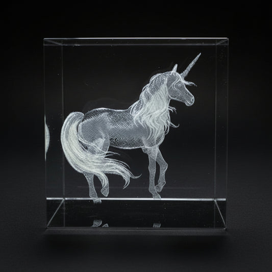 Crystal block with internal unicorn engraving 